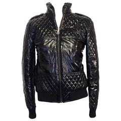 Chanel Black Shiny Quilted Bomber Jacket