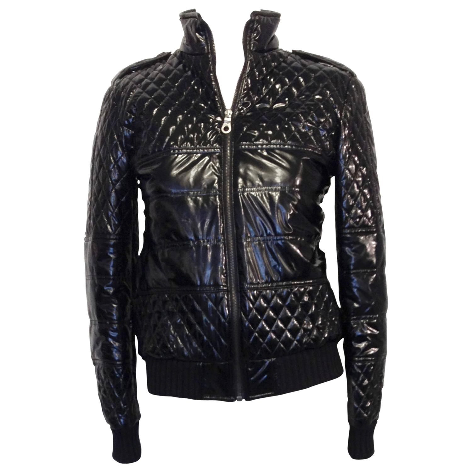 Chanel Black Shiny Quilted Bomber Jacket at 1stdibs