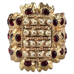 Vintage French Mogul Ruby Pearl Hammered Cuff Bracelet