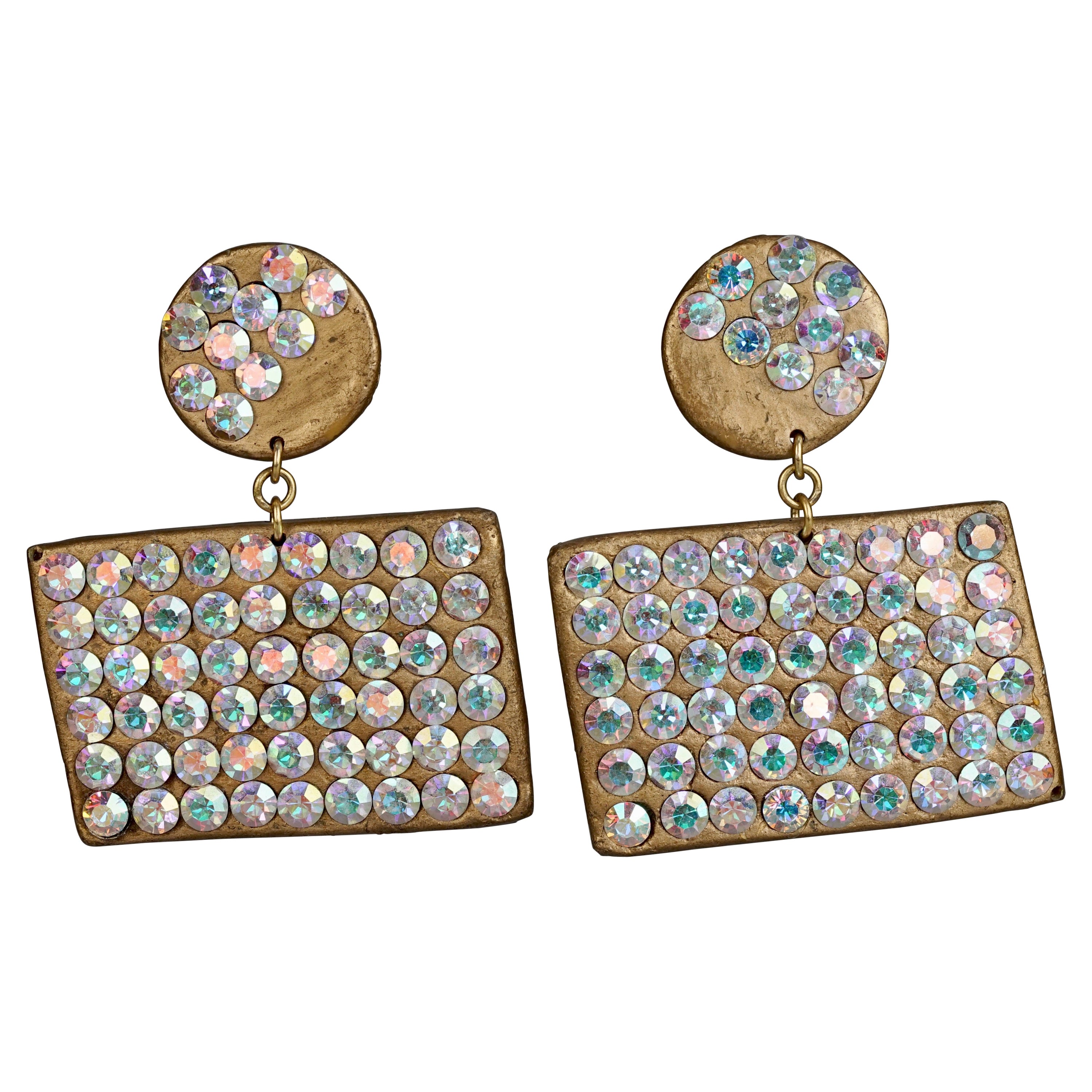 Vintage BILLY BOY SURREAL Bijoux Geometric Iridescent Crystal Dangling Earrings For Sale