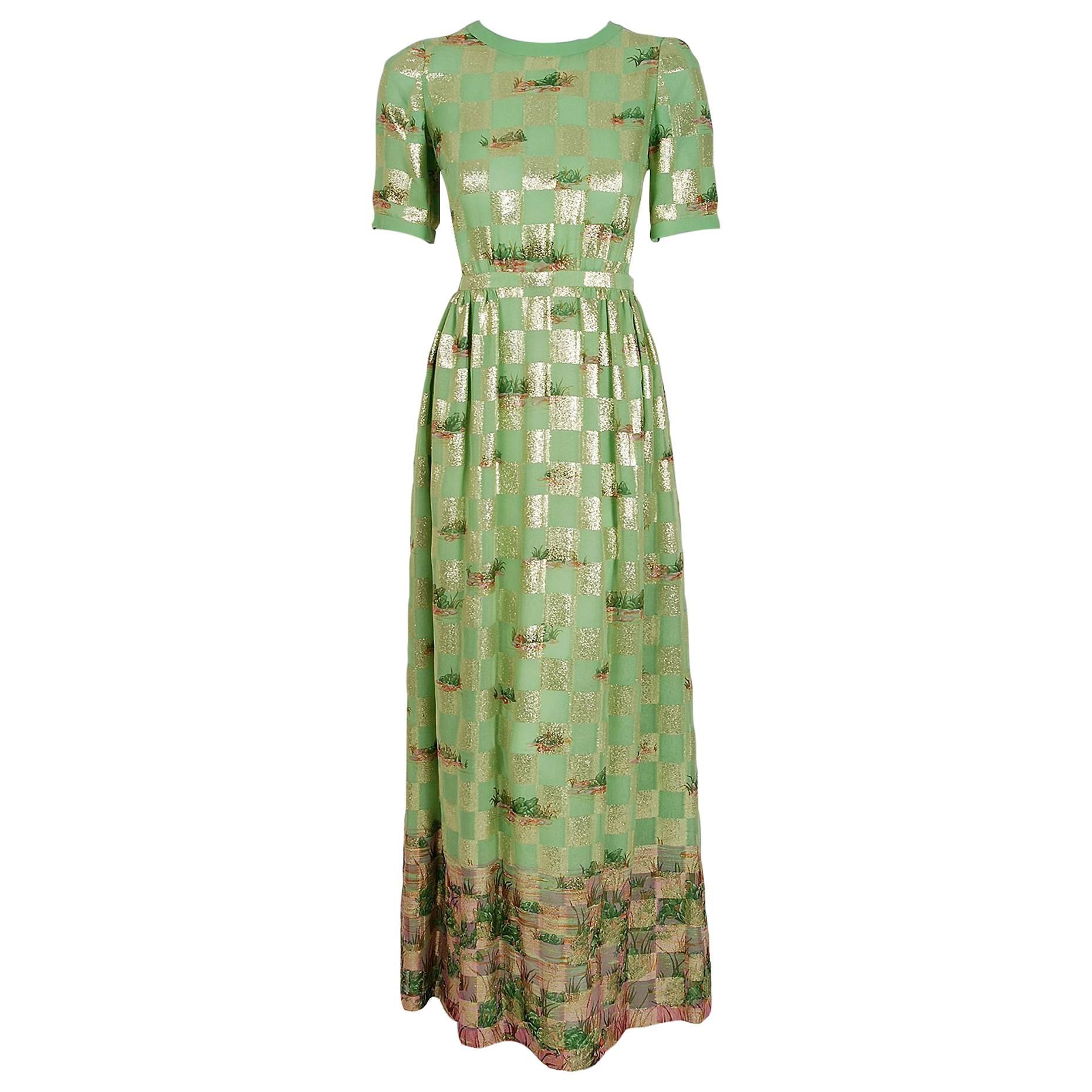 1970's Valentino Couture Metallic Gold Green Silk Novelty Frog-Print Gown Set