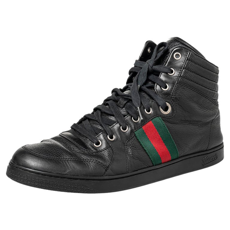 Gucci Black Leather Web High Top Sneakers Size 44 For Sale at 1stDibs