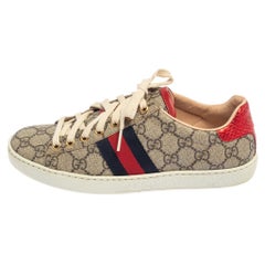 Gucci Beige/Brown GG Supreme Canvas Ace Web Low Top Sneakers Size 37