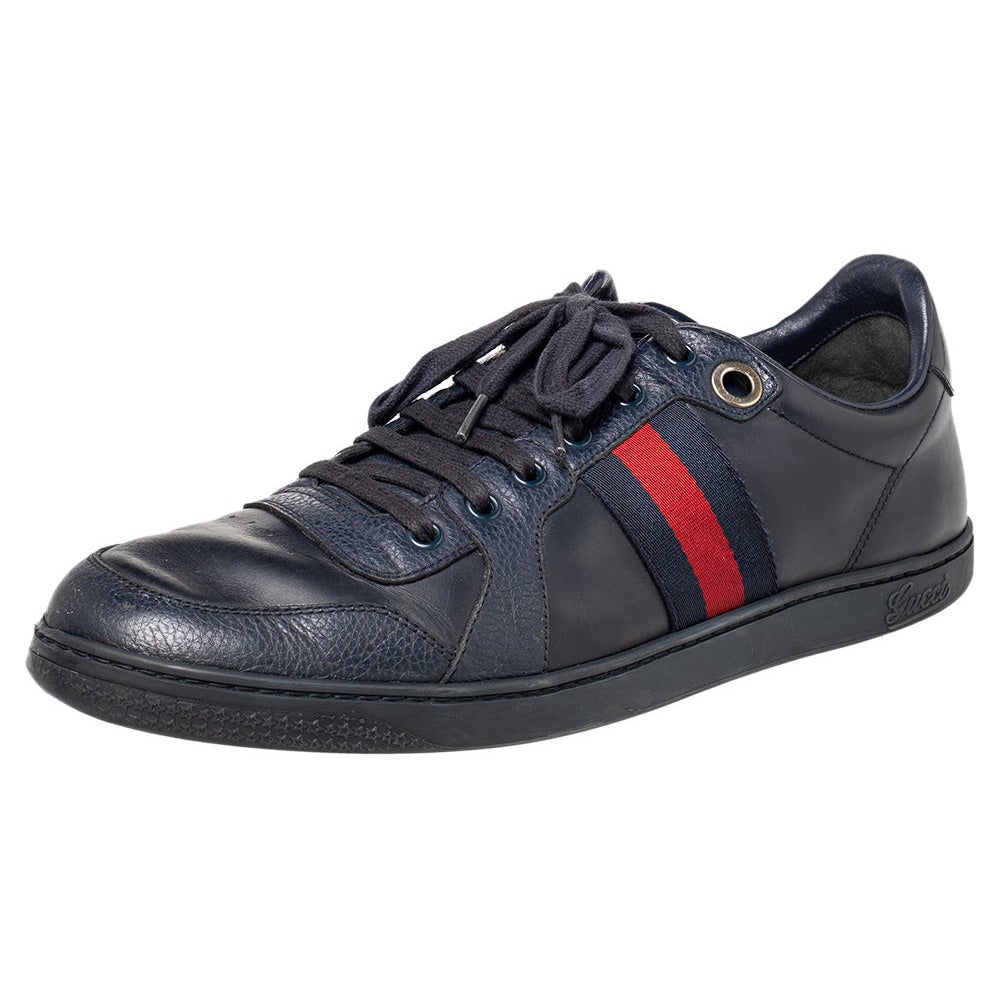 Gucci Navy Blue Leather Web Low Top Sneakers Size 44 For Sale