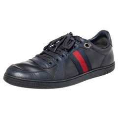 Gucci Navy Blue Leather Web Low Top Sneakers Size 44