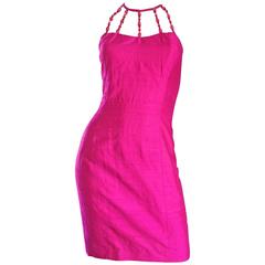 Sexy Vintage Nicole Miller 1990s Hot Pink Fuchsia Bodycon Silk Beaded Cage Dress