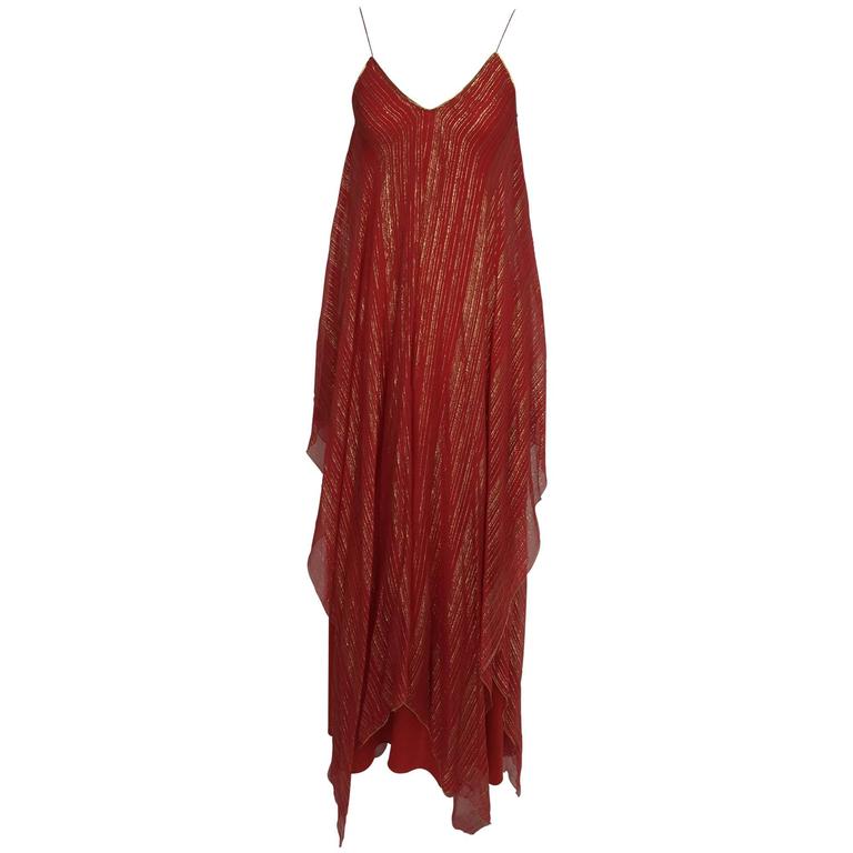 Paprika red with gold thread chiffon and jersey maxi dress 1970s For ...