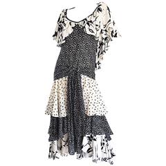 Vintage Lorrie Kabala Black and White Multi Print Drop Boho / Bohemian Dress