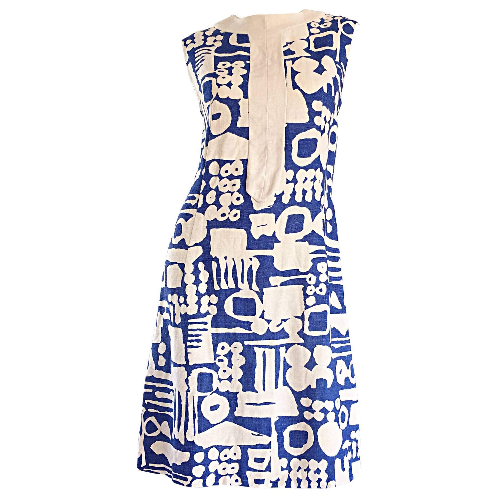 Seltene Arthurs Originals 1960er Cerulean Blau Stammes-Print 60s Leinen Shift Kleid