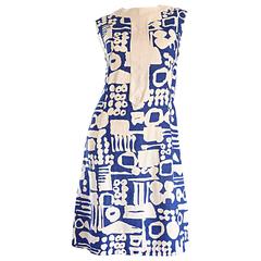 Rare Arthur's Originals 1960s Cerulean Blue Tribal Print 60s Linen Shift Dress