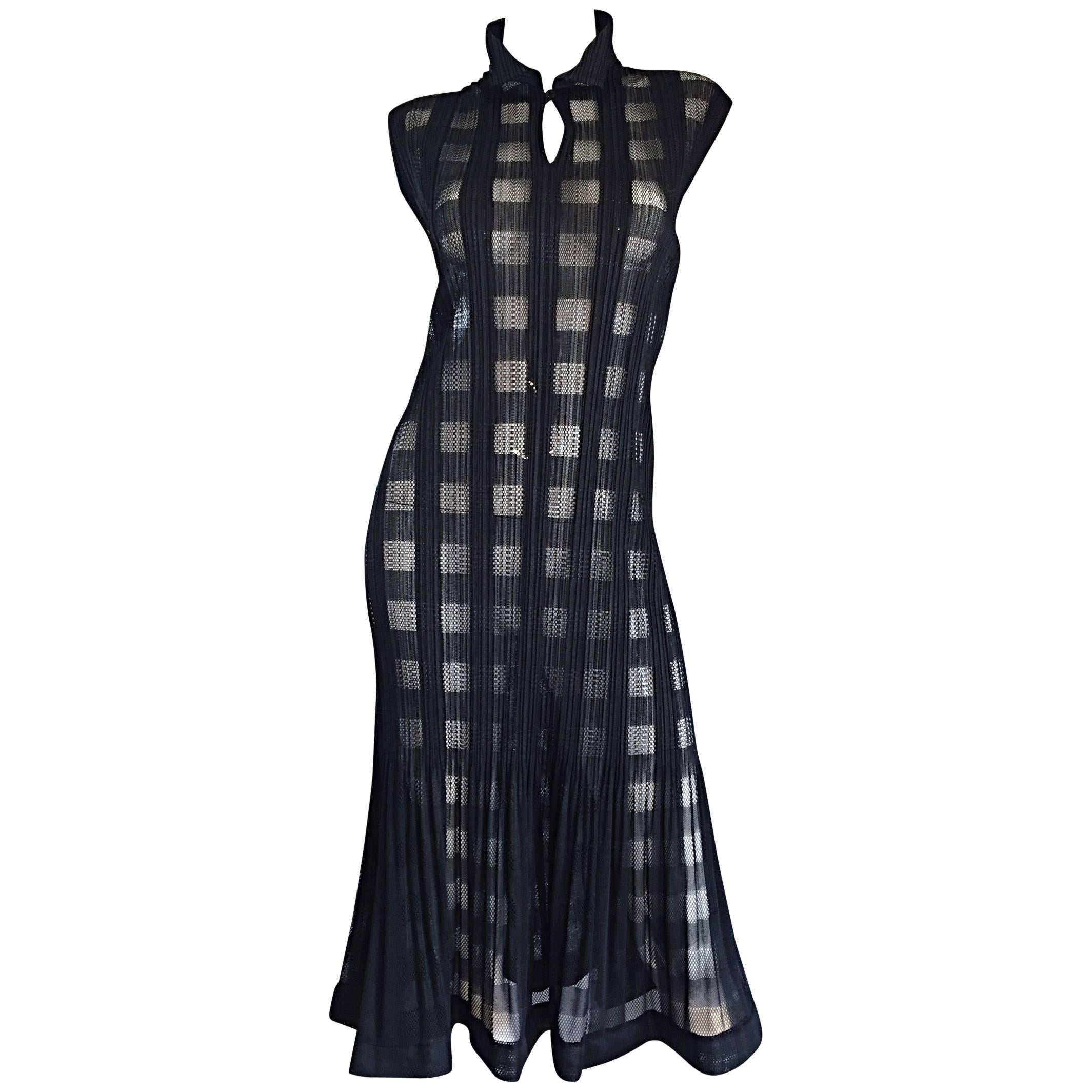 Rare Vintage Issey Miyake Crochet Cut - Out Black Pleated Semi - Sheer Dress