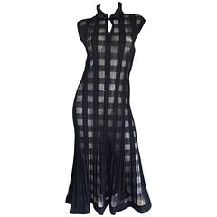 Rare Vintage Issey Miyake Crochet Cut - Out Noir plissé Semi - Sheer Dress