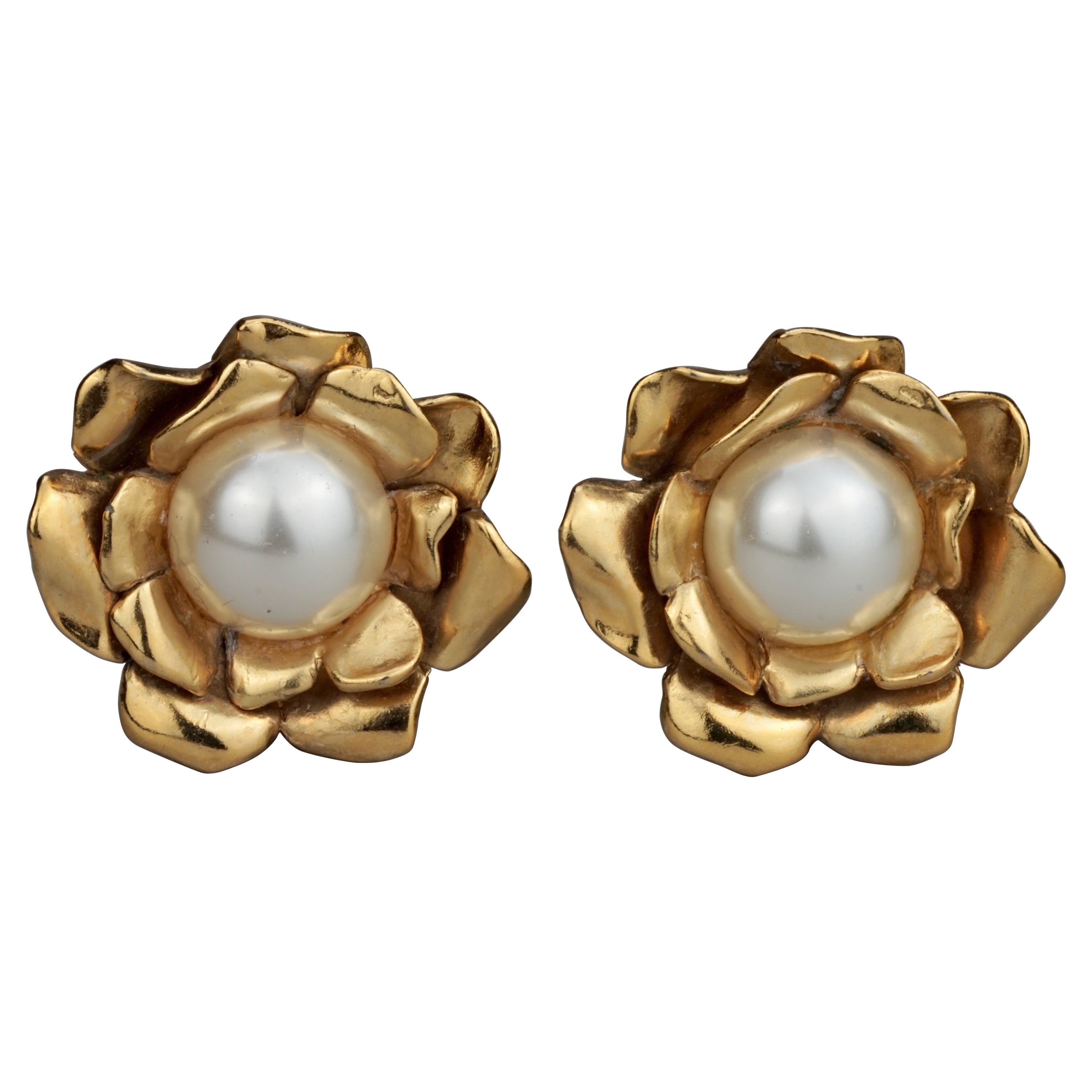 Vintage YVES SAINT LAURENT Ysl Gilt Flower Pearl Earrings For Sale