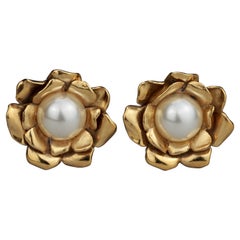 Vintage YVES SAINT LAURENT Ysl Gilt Flower Pearl Earrings