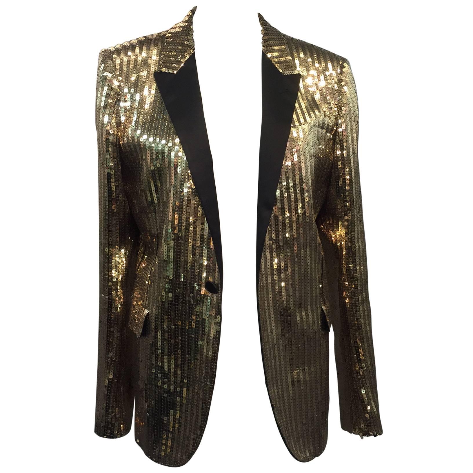 Saint Laurent Men's Gold Sequin Tuxedo Jacket w/ Satin Lapels