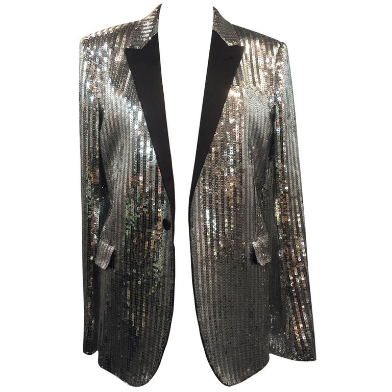 Saint Laurent Silver Sequin Men's Tuxedo Jacket w/ Satin Lapels at