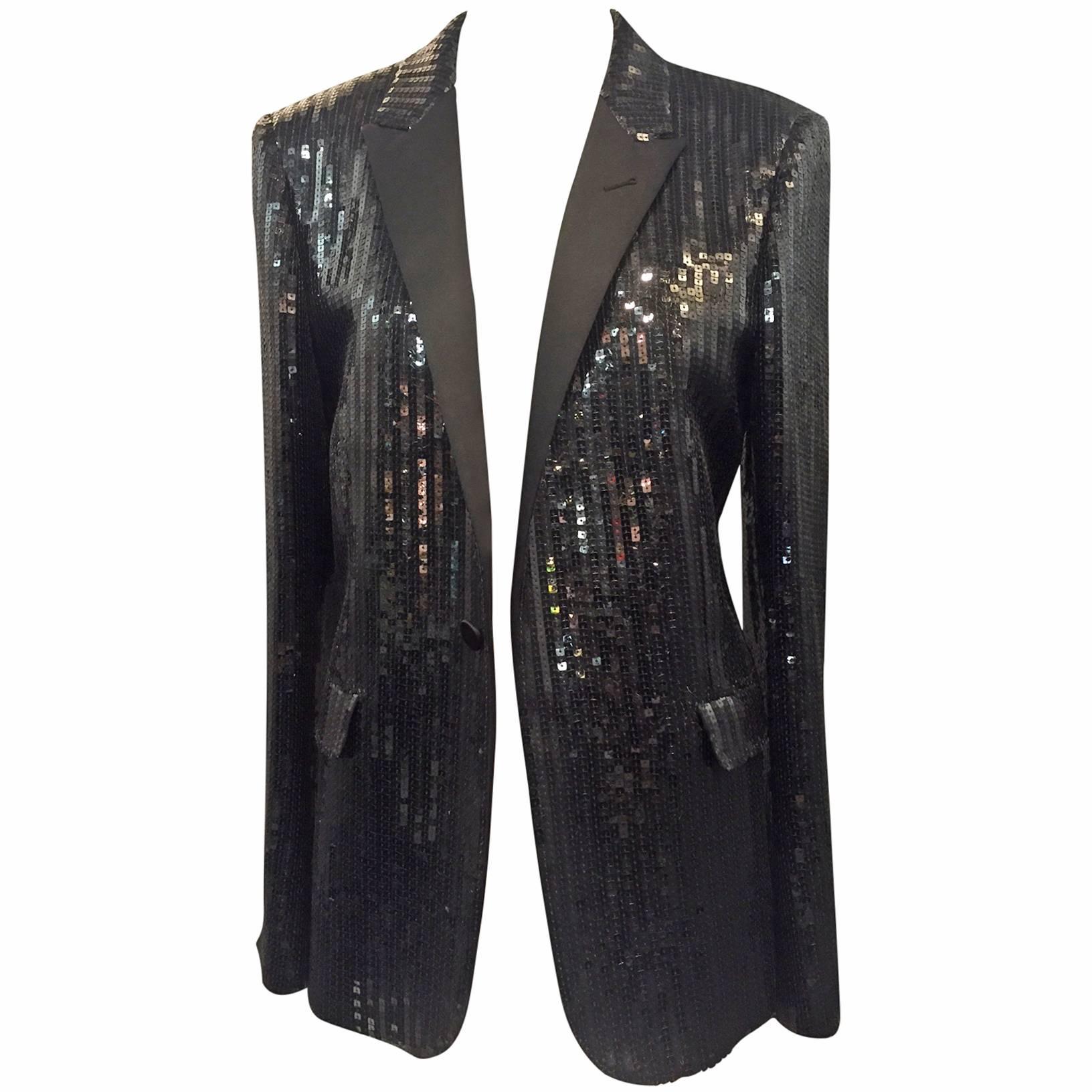 Saint Laurent Black Sequin Tuxedo Jacket with Satin Lapels