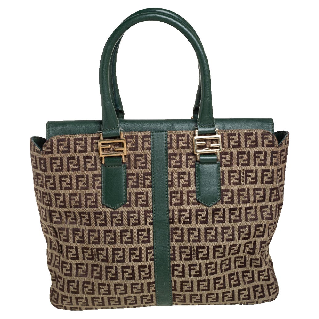 Fendi Green/Brown Zucchino Canvas and Leather Tote