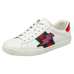 Gucci White Canvas Crystal Lightning Bolt Ace Low Top Sneakers Size 43.5