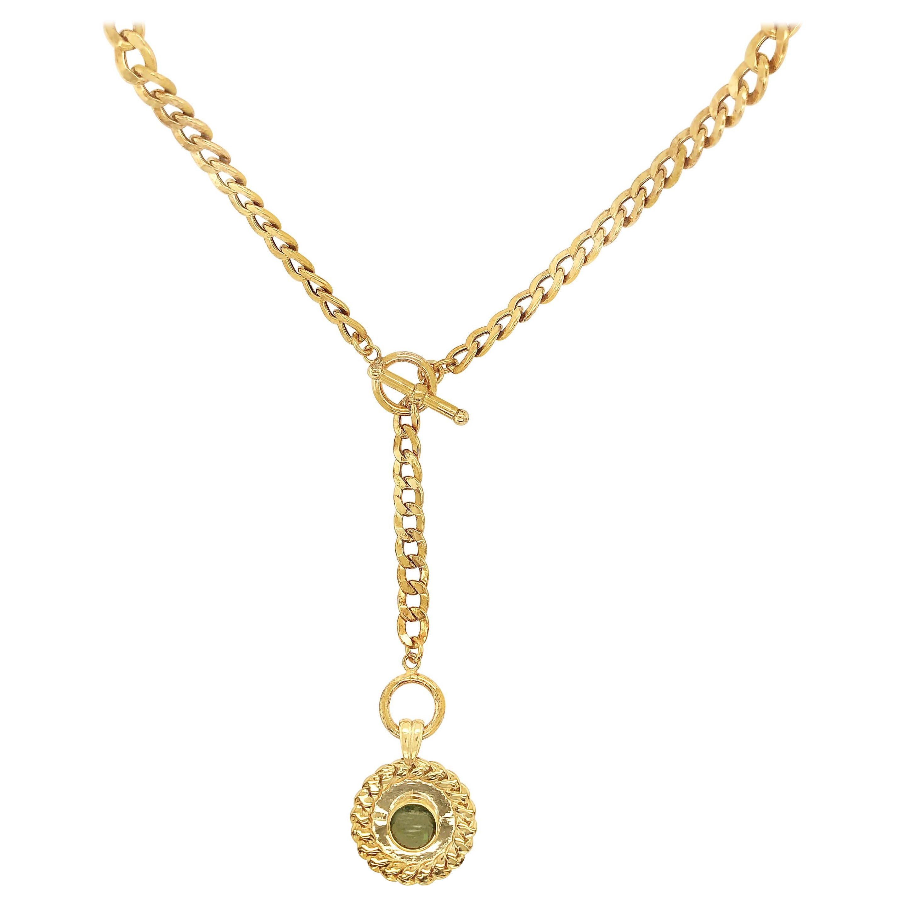18K Gold Vermeil Wheat Sheaf Peridot Coin Lariat Chain Necklace For Sale