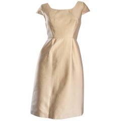 Used Badgley Mischka Light Gold Fit and Flare 50s Style Flattering Silk Dress