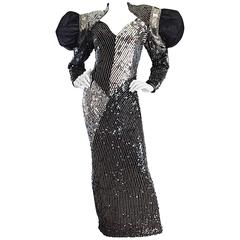 Amazing VIntage Avant Garde Black + Silver Sequin & Beaded Silk Couture Gown