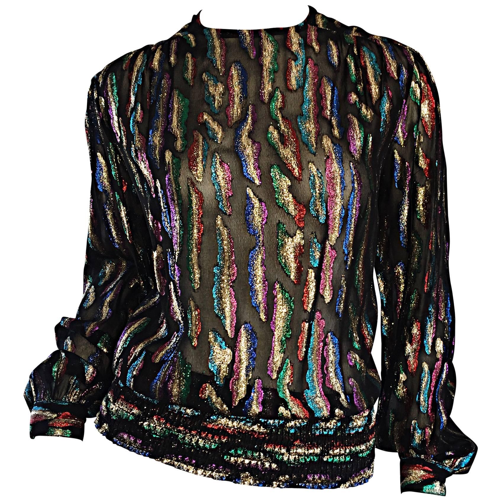 Vintage Llyod Williams Size 8 Semi Sheer Black Blouse Colorful Abstract Metallic For Sale