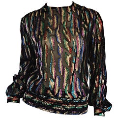 Vintage Llyod Williams Size 8 Semi Sheer Black Blouse Colorful Abstract Metallic