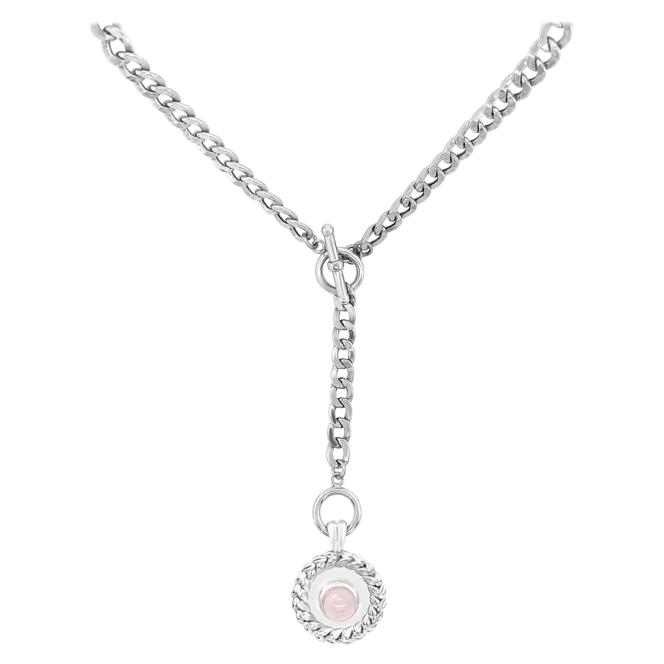 Sterling Silver with Rose Quartz Wheat Sheaf Coin Lariat Chain Necklace For Sale
