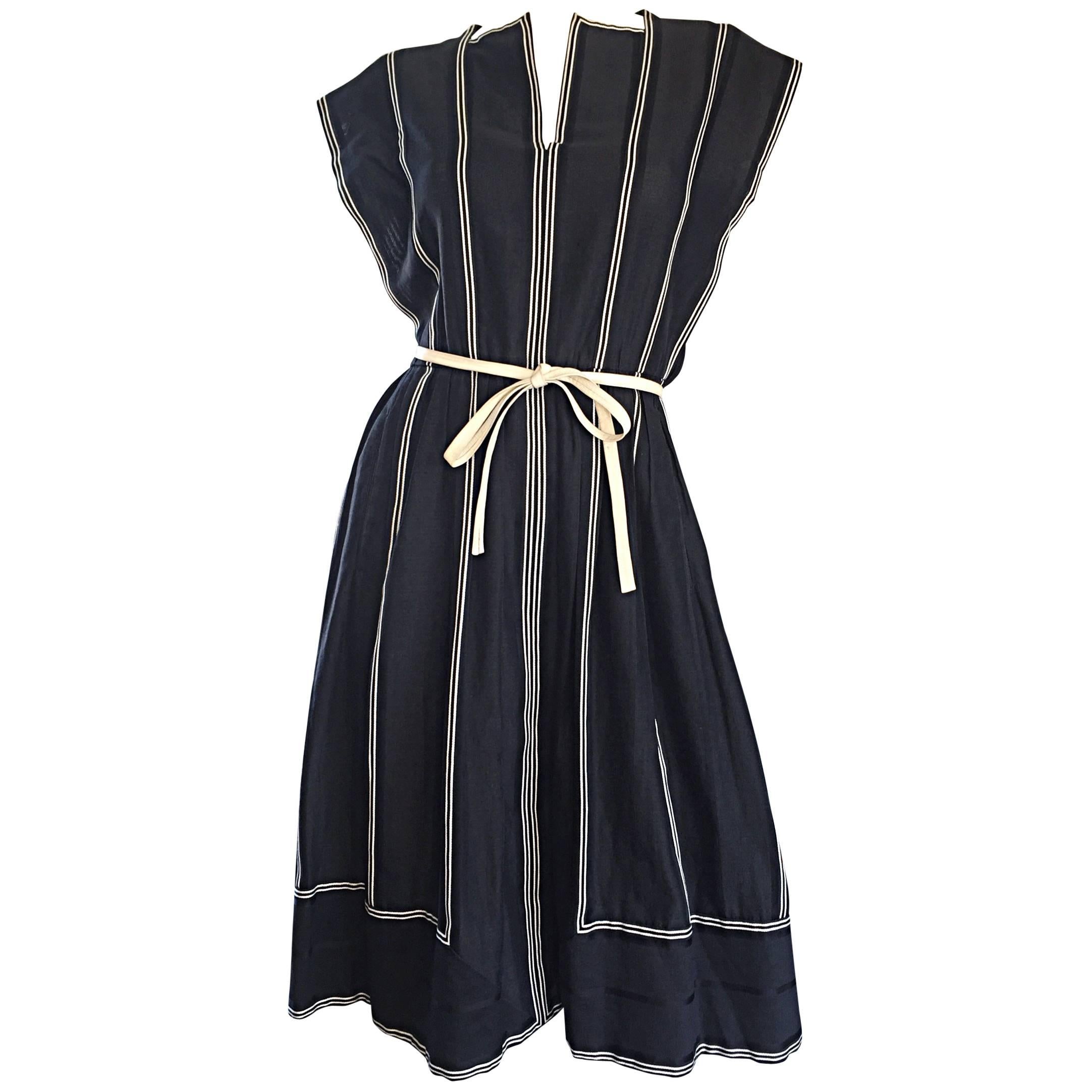 Vintage Pauline Trigere Black and White Avant Garde Striped Dress w/ Belt