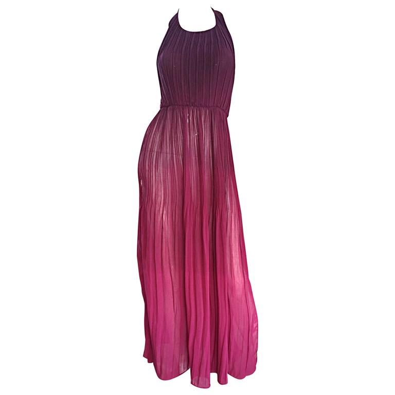 1970s 70s Burgundy + Fuchsia Pink Ombre Silk Halter Pleated Maxi Dress ...