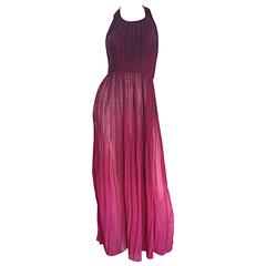 Vintage 1970s 70s Burgundy + Fuchsia Pink Ombre Silk Halter Pleated Maxi Dress