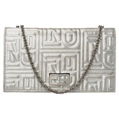 Fendi Metallic Silver Logo Embossed Leather Wallet On Chain