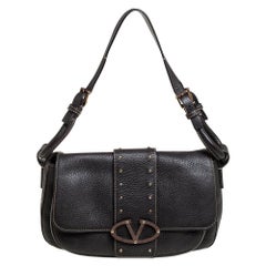 Valentino Dark Brown Pebbled Leather VRing Flap Hobo