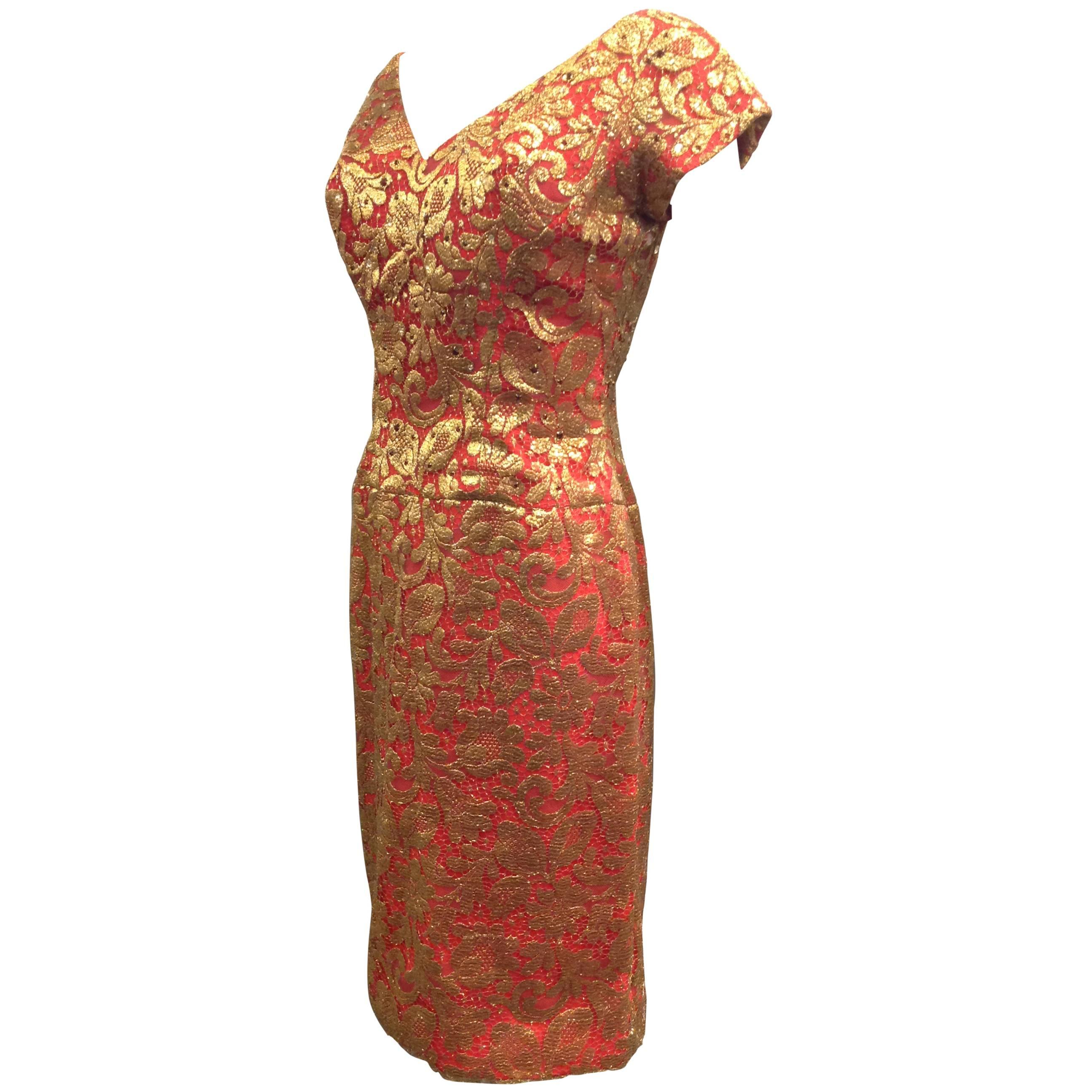 1950s Red Sheath Dress with Beautiful Gold Lame Lace Overlay and Crimson Stones