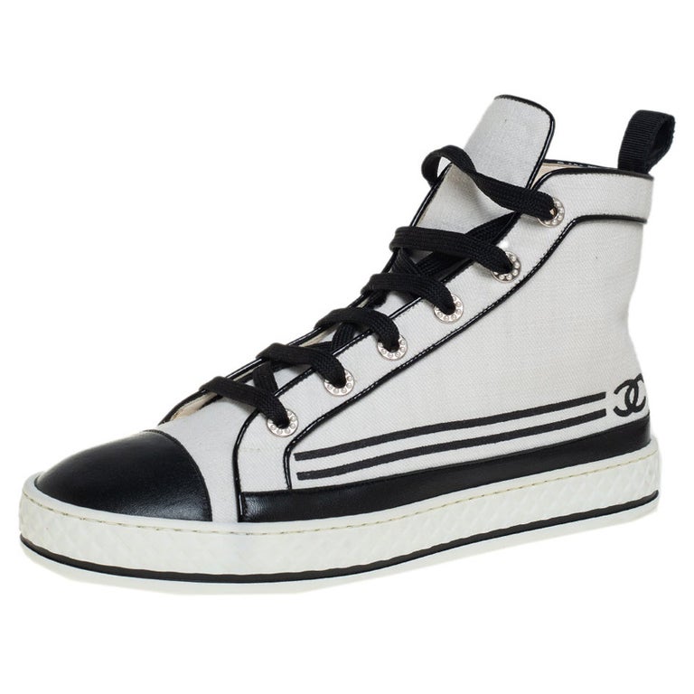 Chanel White Canvas And Leather CC Cap Toe Pearl High Top Sneakers Size at 1stDibs | chanel sneakers 41