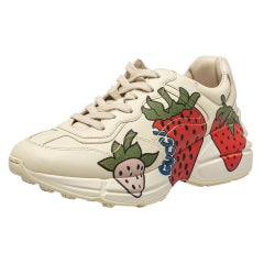 Used Gucci Cream Leather Rhyton Strawberry Print Low Top Sneakers Size 38