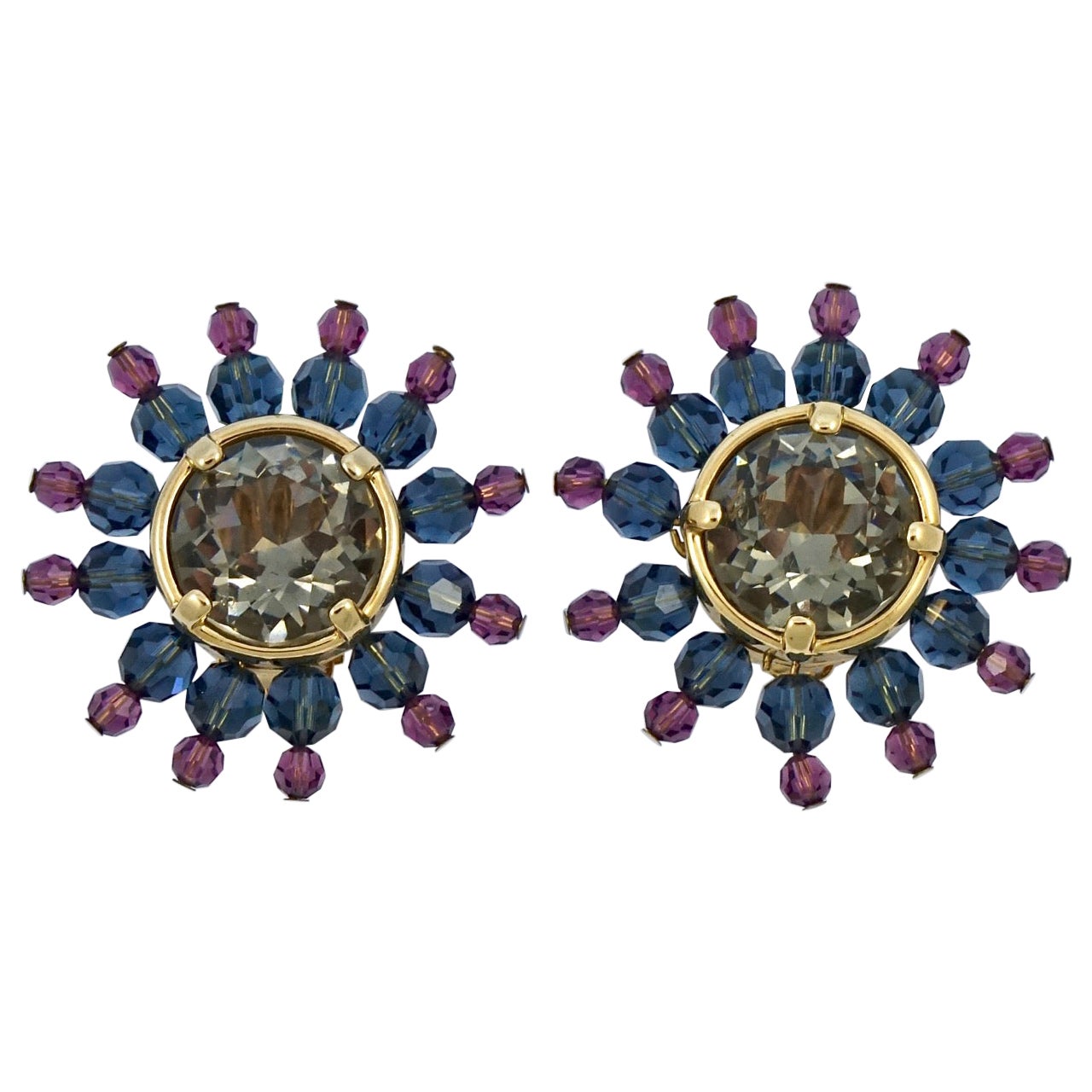 Swarovski Gold Plated Muted Pink Blue Gold Star Burst Crystal Clip On Earrings