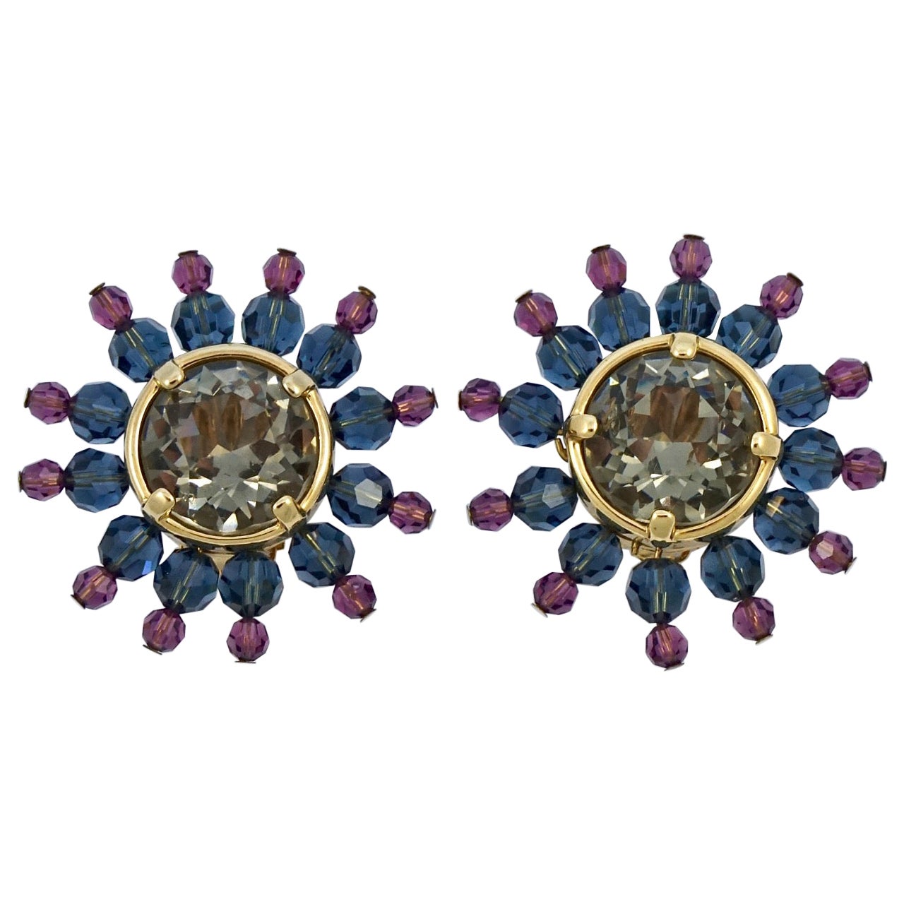 Swarovski Gold Plated Amber and Clear Pavé Crystal Swan Logo Clip On Earrings For Sale at