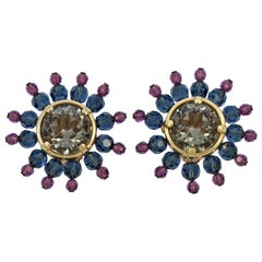 Vintage Swarovski Gold Plated Muted Pink Blue Gold Star Burst Crystal Clip On Earrings