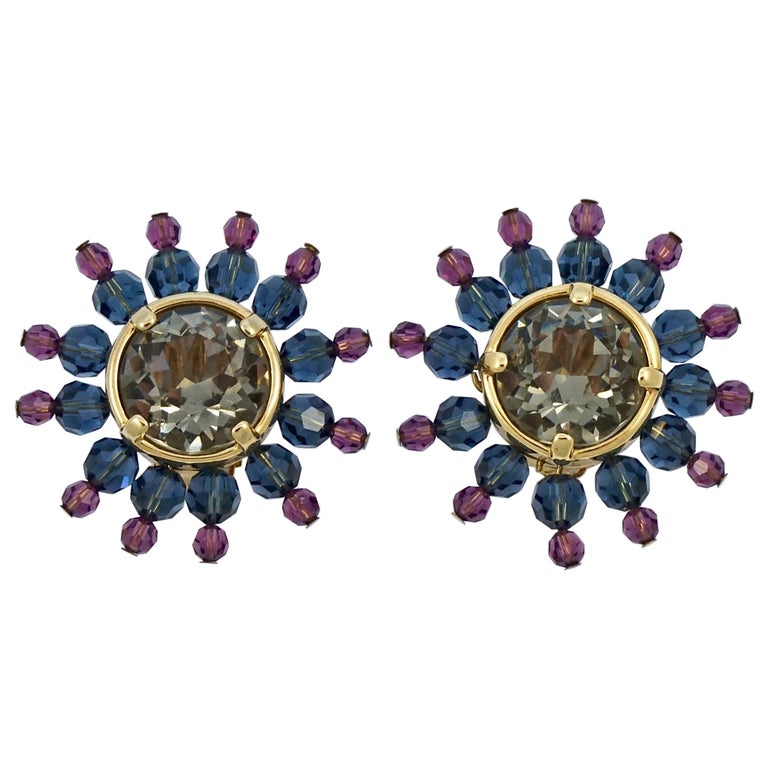 Swarovski Gold Plated Muted Pink Blue Gold Star Burst Crystal Clip On Earrings For Sale