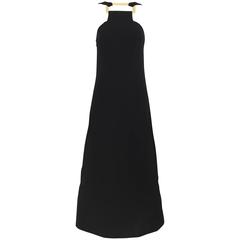 1960s Black wool crepe  halter dress with gold metal hardware