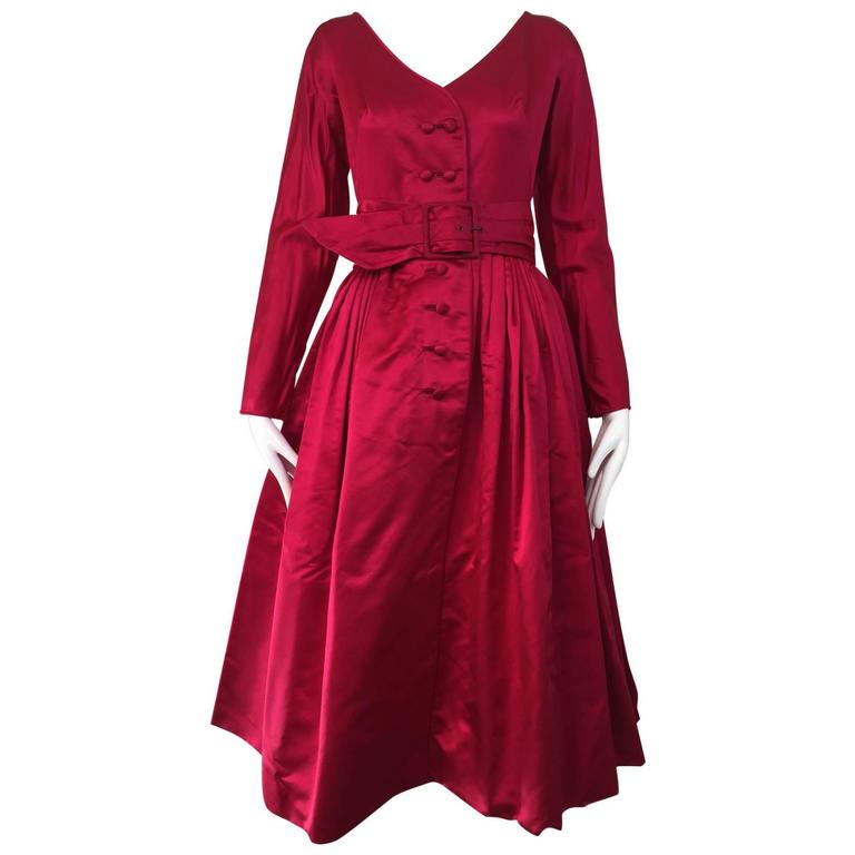1950s GALANOS Magenta Red Silk Cocktail Dress For Sale at 1stdibs