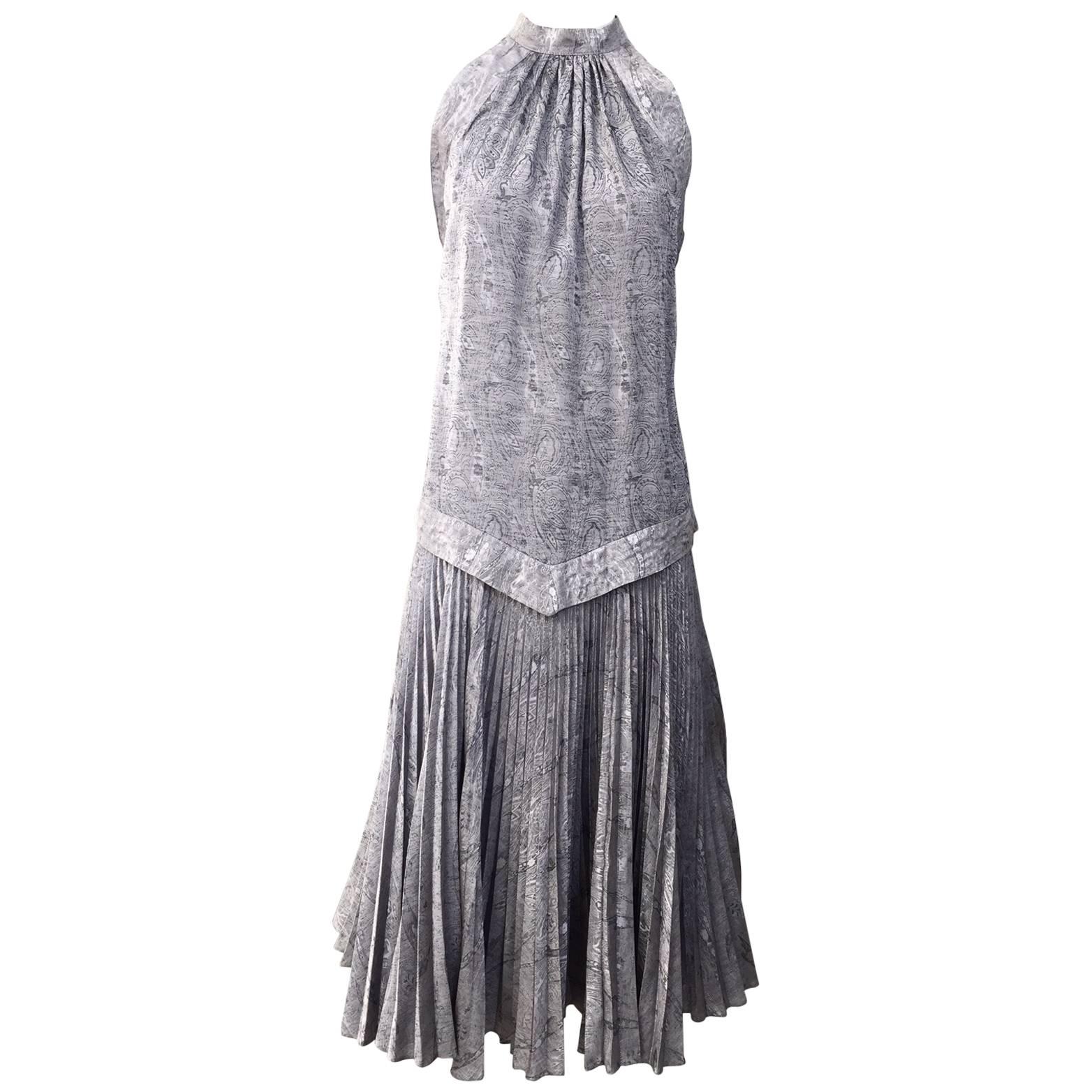 Vintage Ted Lapidus grey silk plissè halter dress For Sale