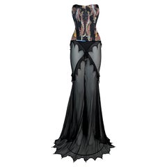 2003 Roberto Cavalli Gypsy Satin Bustier & Sheer Black Embellished Maxi Skirt Se