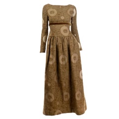 Vintage 1970s Bill Blass Brown Brown Circle Print Dress With Velvet Ribbon