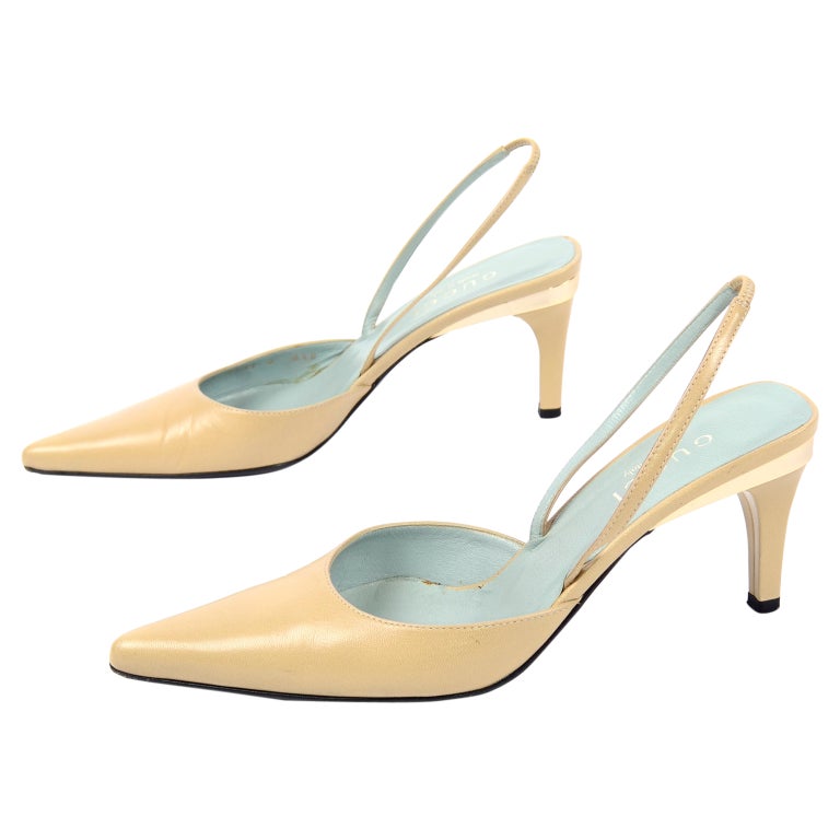 Gucci Slingback Beige Tan Heels With Gold Bands For Sale at 1stDibs