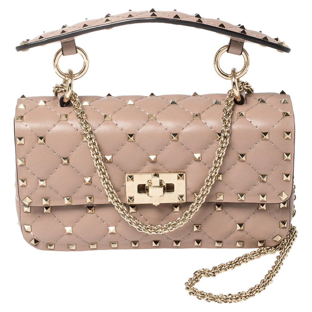 Valentino Beige Quilted Leather Small Rockstud Spike Chain