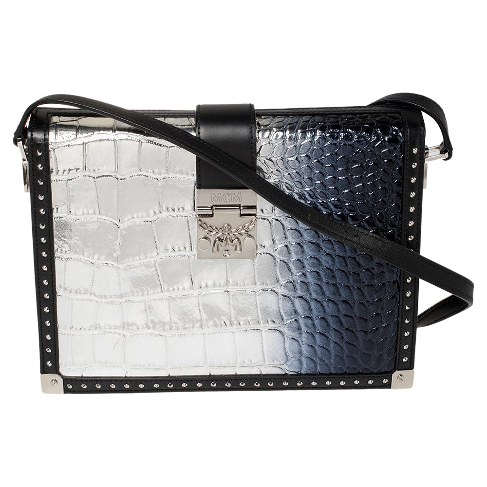 MCM Silver Ombre Croc Embossed Patent and Leather Mitte Degrade Shoulder Bag