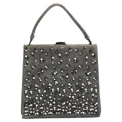 Valentino Grey Suede Crystal Embellished Frame Top Handle Bag
